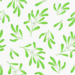 Vector seamless pattern with mistletoe twigs on white background; white mistletoe for fabric, wallpaper, packaging, textile, web design.