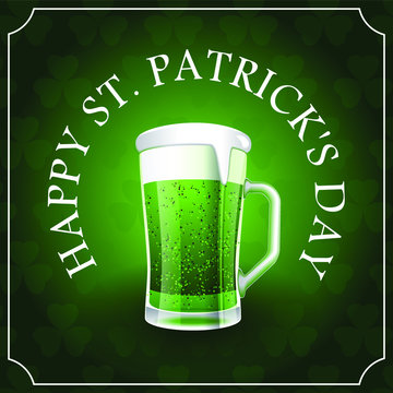 Happy St. Patricks Day text on green background with clover leaves, mug of green beer square banner or social network post template