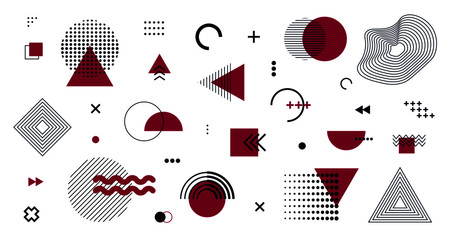 Memphis mega set. Abstract hipster halftone circle triangle concept, modern geometric line graphic shapes isolated on white background. Vector illustration