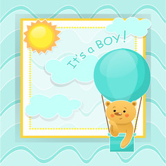 Baby Shower Boy Invitation Card Design Concept. It s a Boy Welcome Greeting Card For Childbirth With Teddy Bear In Hot Air Balloon On Abstract Background. Cartoon Flat Style. Vector Illustration