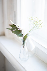Two vases with dry branches on white windowsill in daylight home interior