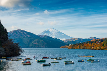beautiful autumn scene of mountain Fuji, Lake Ashinoko and boats, Hakone, Japan, travel background