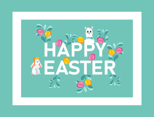 Template Of Happy Easter Postcard. Easter Eggs Ornament In A Frame With Multi colored Paschal Eggs, Lamb And Rabbit In Mint Tones. Best Happy Easter Wishes. Cartoon Flat Style. Vector illustration