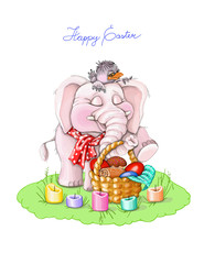vector illustration Happi Easter,pink baby elephant carries a basket with red eggs