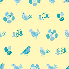 Easter chick seamless vector pattern background. Decorated folk art bird,egg, bluebell illustration. Scandinavian style baby chickens and spring symbols backdrop. Christian lent celebration concept.