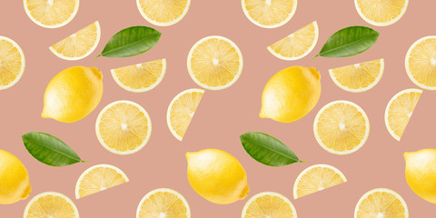 pattern with lemon slices and leaves on a light pink background