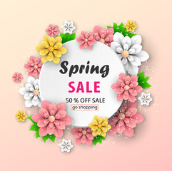 Beautiful abstract  spring sale   banner. Voucher discount with beautiful flowers. Vector design for shop poster, leaflet or web banner. Eps 10