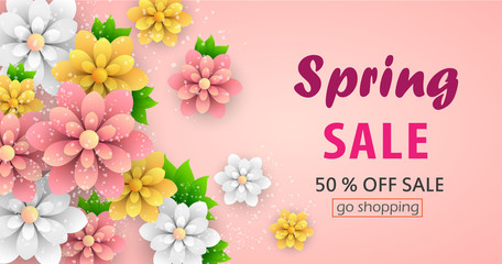 Beautiful abstract  spring sale   banner. Voucher discount with beautiful flowers. Vector design for shop poster, leaflet or web banner. Eps 10
