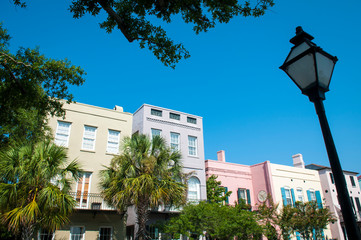 Bright sunny view of the Charleston, South Carolina skyline with summer greenery
