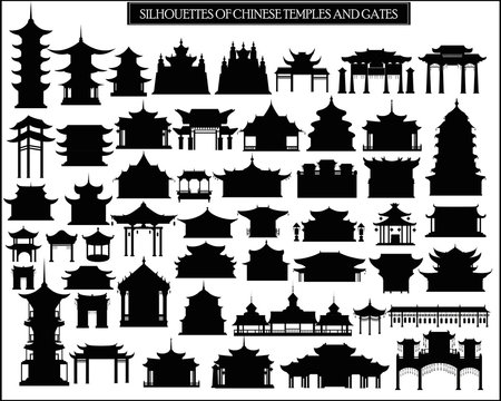 Set of vector silhouettes of Chinese temples, gates and traditional buildings.