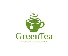 Cup of tea with leaf logo design. Teahouse vector design. Hot aroma tea with green leaves logotype