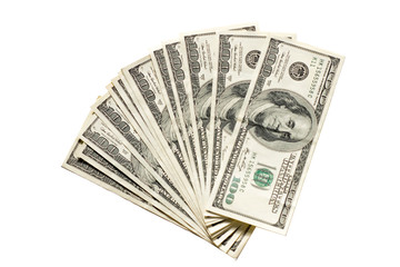 A stack of green 100 dollar bills on a white background isolated photo