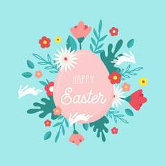Happy Easter. Greeting card, posteror banner with bunny, flowers and Easter egg. Egg hunt poster. Spring background, vector illustration