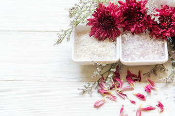 Spa beauty massage health wellness background.  Spa Thai therapy treatment aromatherapy for body woman with flower nature candle for relax and summer time, top view.  Lifestyle and cosmetic Concept