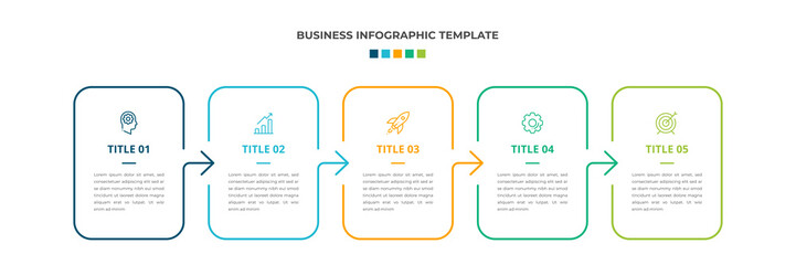 Modern Minimalist Business Infographic template square shape. 5 steps / option timeline with icons. For presentation, process, diagram, workflow, chart. Vector with blue, green, orange color