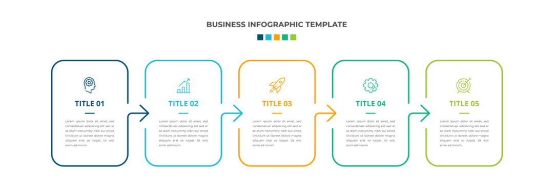 Modern Minimalist Business Infographic template square shape. 5 steps / option timeline with icons. For presentation, process, diagram, workflow, chart. Vector with blue, green, orange color
