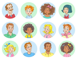 Avatar icons of happy people of different ages and nationalities. In cartoon style. Isolated on white background Vector illustration.