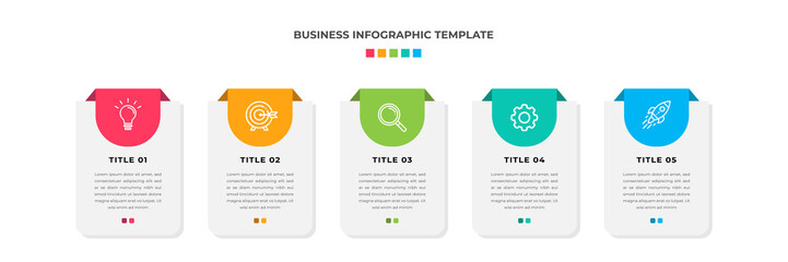 Modern Minimalist Business Infographic template square shape. 5 steps / option timeline with icons. For presentation, process, diagram, workflow, chart. Vector with red, blue, green, orange color