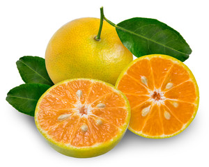 Fresh orange tangerine isolated on a white background, Mandarin orange with green leaf isolated on white background,clipping path.