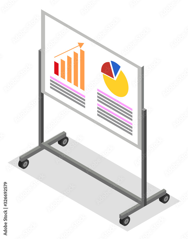 Wall mural presentation or report on whiteboard, isolated board with researches in visual form. flowcharts and 