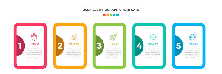 Modern Minimalist Business Infographic template square shape. 5 steps / option timeline with icons. For presentation, process, diagram, workflow, chart. Vector with red, blue, green, orange color