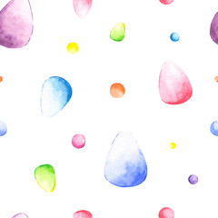 Watercolor Easter seamless pattern with eggs, easter bunny, rabbit, easter cake, hens, flowers and colorful dots . Can be use in easter design, posters, invitations, cards.