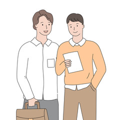 Businessmen reading document vector, man wearing formal clothes looking at note page in hands of co-worker, people at work dealing with business issues