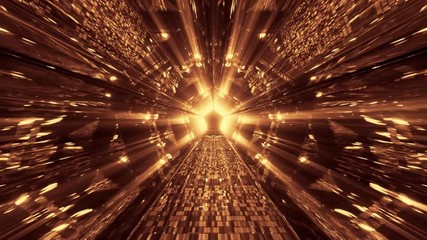 Yellow lights rays bursting and disappearing from a pentagon shape at the end of an infinite tunnel. Concept of Enlightenment, Animation.