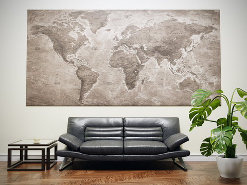 Architectural visualization of modern living room with leather sofa and vintage World Map poster