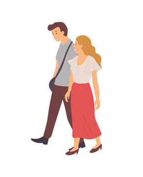 Couple walking together in pairs isolated cartoon characters. Vector guy with sack and blonde girl in long red skirt, dating man and woman on walk