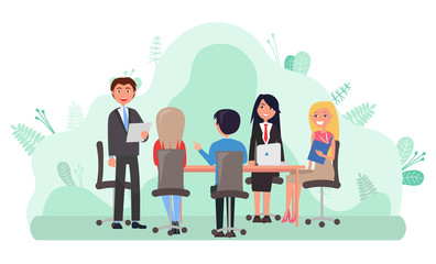 Employer and employees at conference vector, man and woman sitting by table with documents and papers. People meeting and discussing company strategy