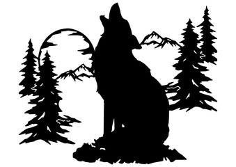 Obraz premium wild wolf , black and white vector silhouette