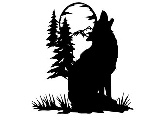 wild wolf , black and white vector silhouette