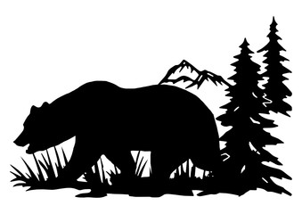 Plakat wild bear with big horns, black and white vector silhouette
