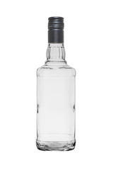 Empty glass bottle of square shape for whiskey, closed with a metal stopper. Isolated on a white background
