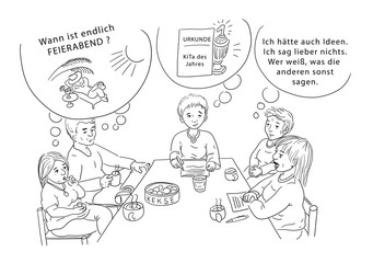 Dienstbesprechung in der Kita Kindergarten, Erzieher und Erzieherin am Tisch, Team  in Diskussion, Denkblase Urlaub Gewinner Ablehnung Selbstbewusst und zurückhaltend, Pädagogen Gespräch Ziele Wünsche