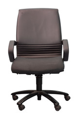 Damaged black leather office chair, seat cushion repair with fabric  isolated on white background...