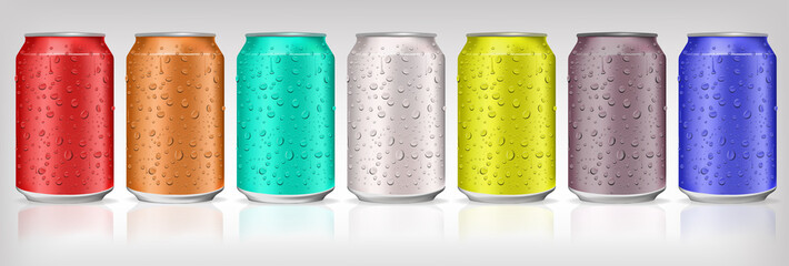 Aluminum Cans in colored with fresh water drops