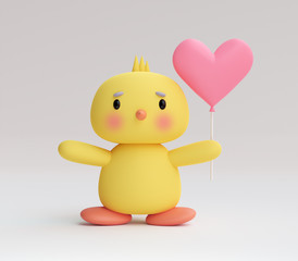 easter chicken with hearts on a plain background. 3d illustration