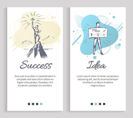 Idea vector, success of person standing on peak of mountain and holding trophy, business concept and implementation of planned project set. Website or slider app, landing page flat style