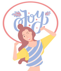 Violet capture joy in red circle. Happy brunette girl smiling and enjoying every moment. Hapiness and enjoyment vector illustration in flat style