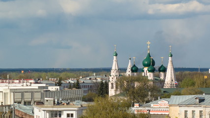 Fototapeta na wymiar Panorama of the city of Yaroslavl timelapse from the bell tower of the Spaso-Preobrazhensky monastery