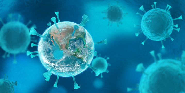 Biology and science. Virus or bacteria cells. Global alert. Epidemic. 3D render illustration. Planet Earth. Elements of this image furnished by NASA.