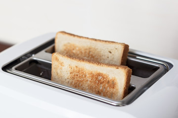 Slices of toasted bread in a white toaster.