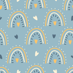 Hand drawn kids rainbow seamless pattern for print, textile, apparel design. Trendy kids pattern with hearts.
