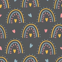 Tapeten Handgezeichnetes nahtloses Muster des Kinderregenbogens für Druck-, Textil-, Bekleidungsdesign. Trendiges Kindermuster mit Herzen. © Hanifa_design