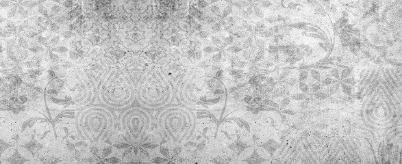 Old gray vintage shabby patchwork tiles stone concrete cement wall texture background banner