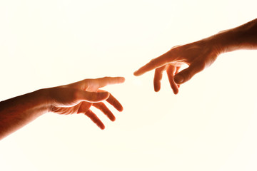 Two hands with fingers that almost touch isolated white - obrazy, fototapety, plakaty