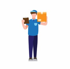 courier man carry box on shoulder and looking list paper in flat illustration vector isolated in white background
