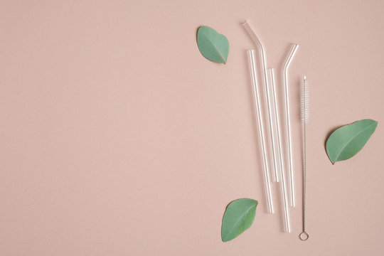 Eco-friendly reusable glass drinking straw. and green leaves. Zero waste, plastic free concept